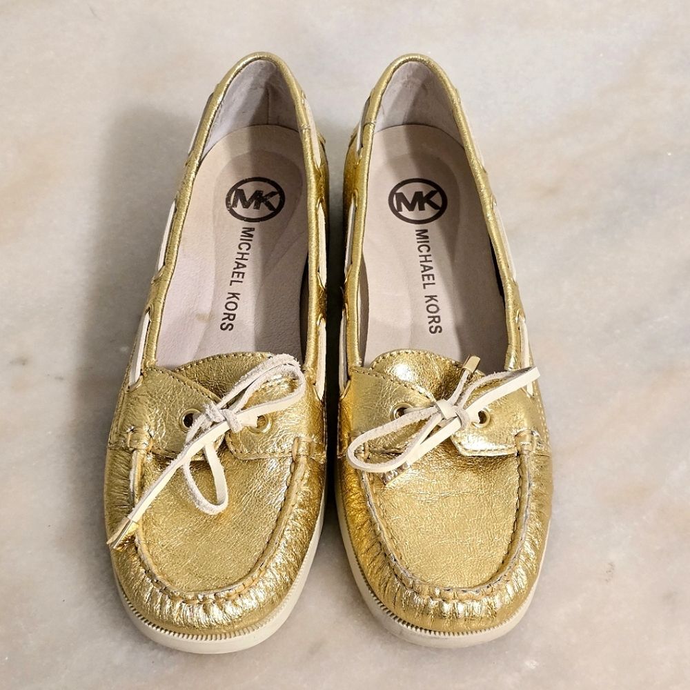 Michael Kors Blair Boat shoes Loafers Moccasin in GOLD metallic leather 8